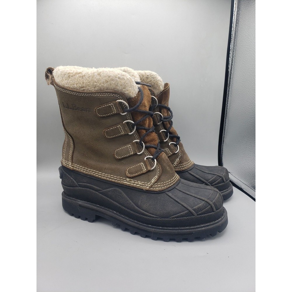 LL Bean Winter Duck Boots Womens 8 Brown Leather Sherpa Insulated Rubber Snow